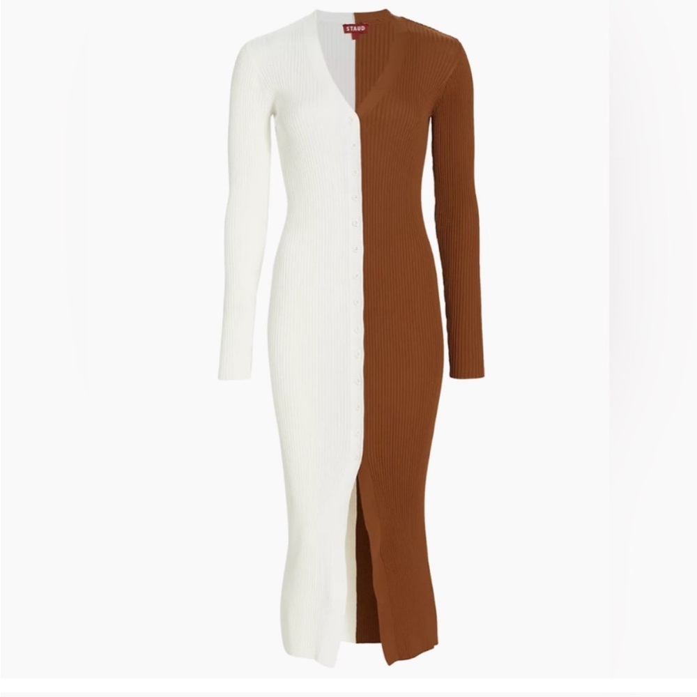 Staud Shoko dress small tan/white ribbed midi sweater